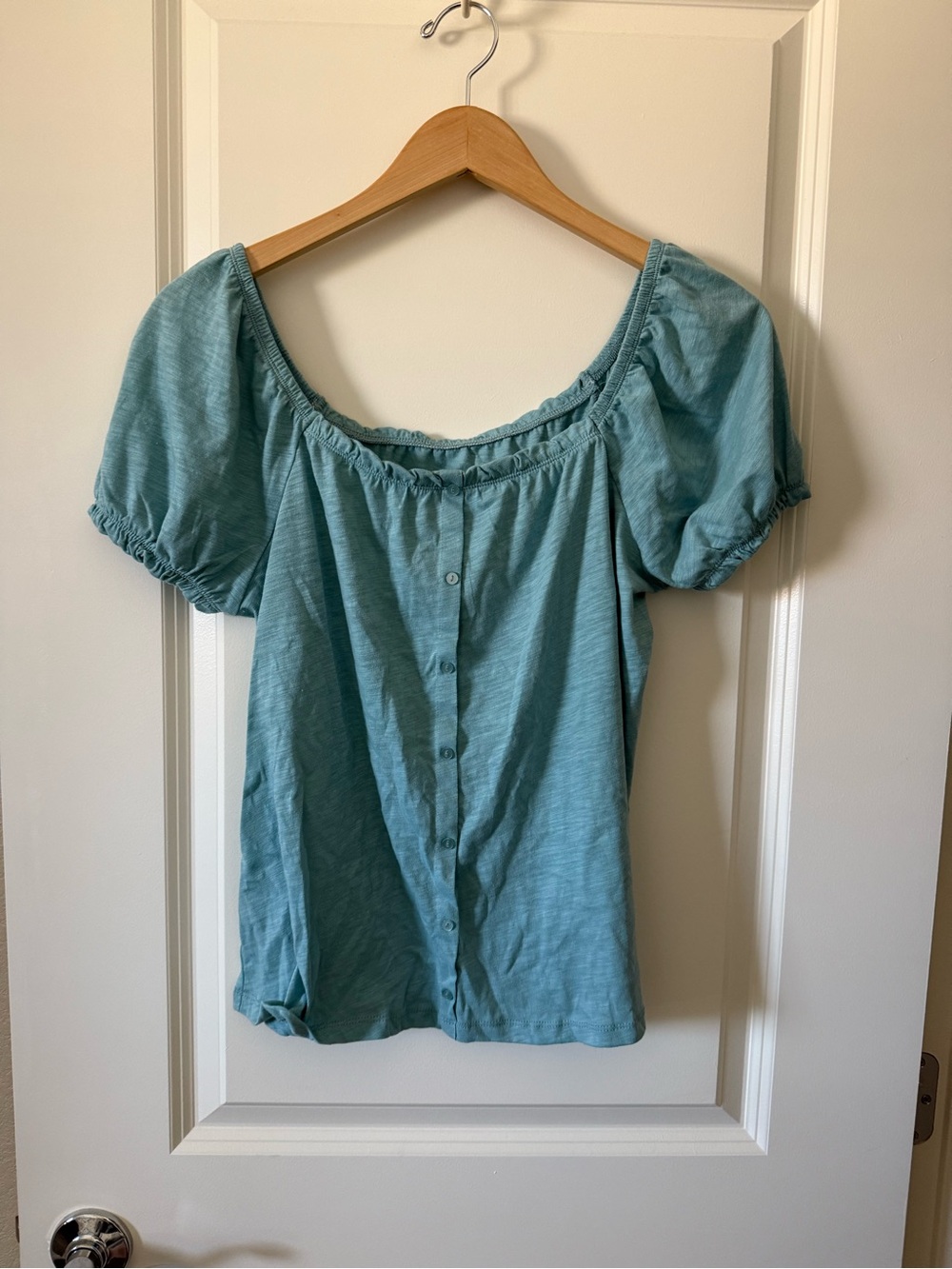 SO Teal Blue Puff-Sleeve Button-Up Top Size Medium